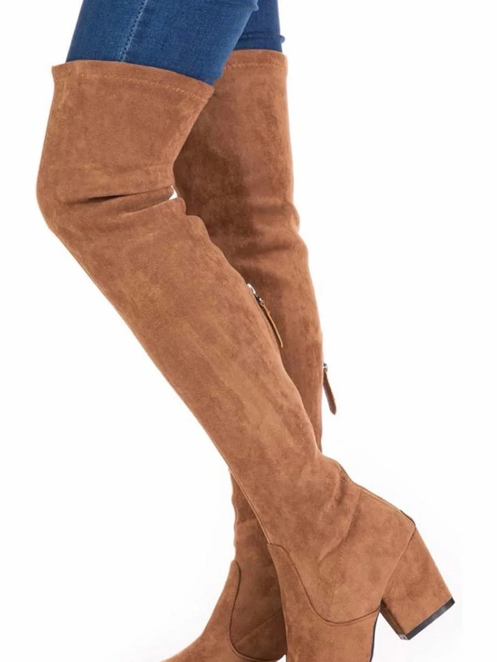 Over-the-Knee Suede Block Heel Boots — Brown